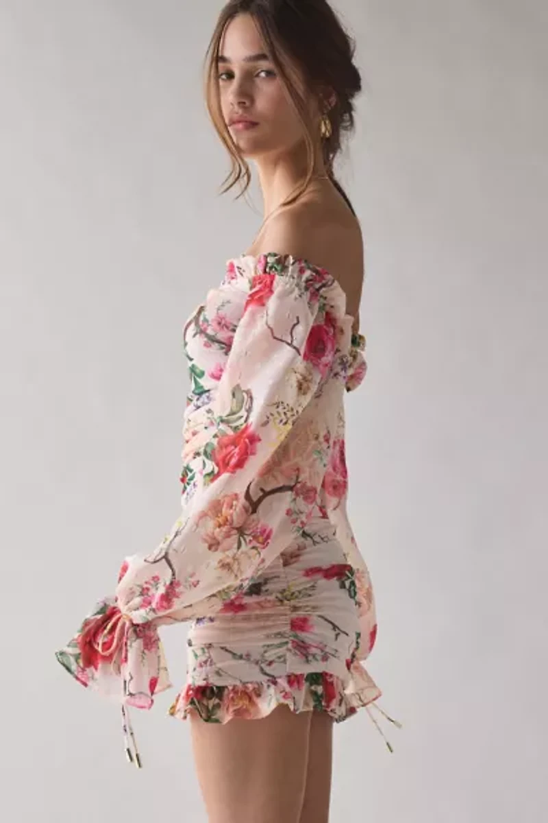AFRM Claudia Floral Mesh Off-The-Shoulder Ruched Mini Dress