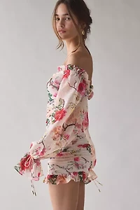 AFRM Claudia Floral Mesh Off-The-Shoulder Ruched Mini Dress