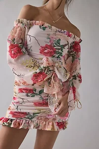 AFRM Claudia Floral Mesh Off-The-Shoulder Ruched Mini Dress