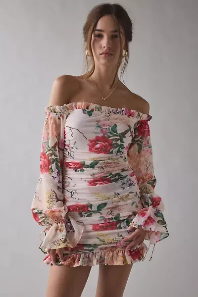 AFRM Claudia Floral Mesh Off-The-Shoulder Ruched Mini Dress