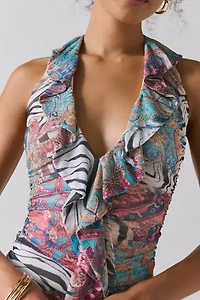 AFRM Odessa Cascading Ruffle Plunge Halter Mini Dress