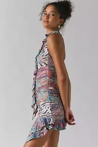 AFRM Odessa Cascading Ruffle Plunge Halter Mini Dress