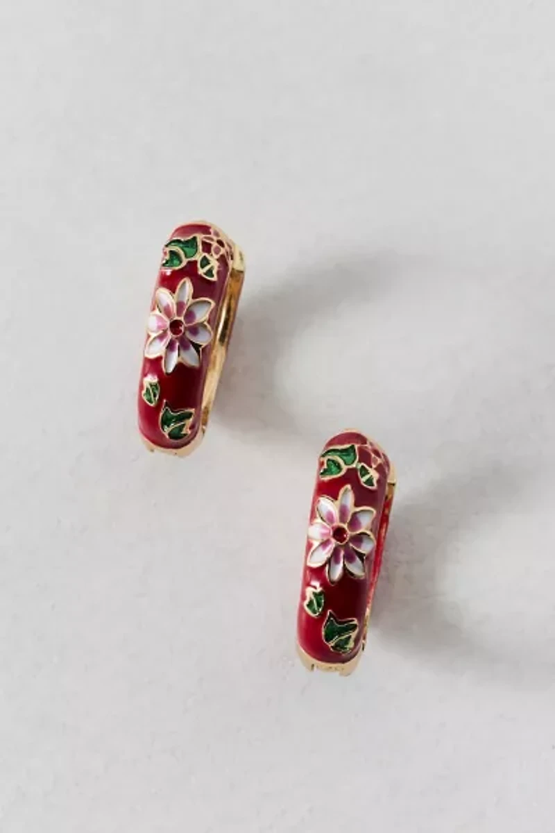 Floral Enameled Metal Hoop Earring