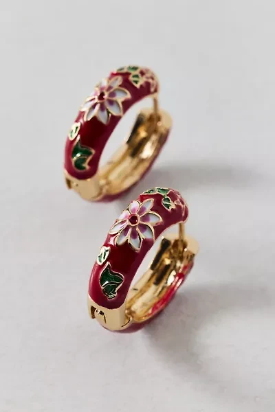 Floral Enameled Metal Hoop Earring