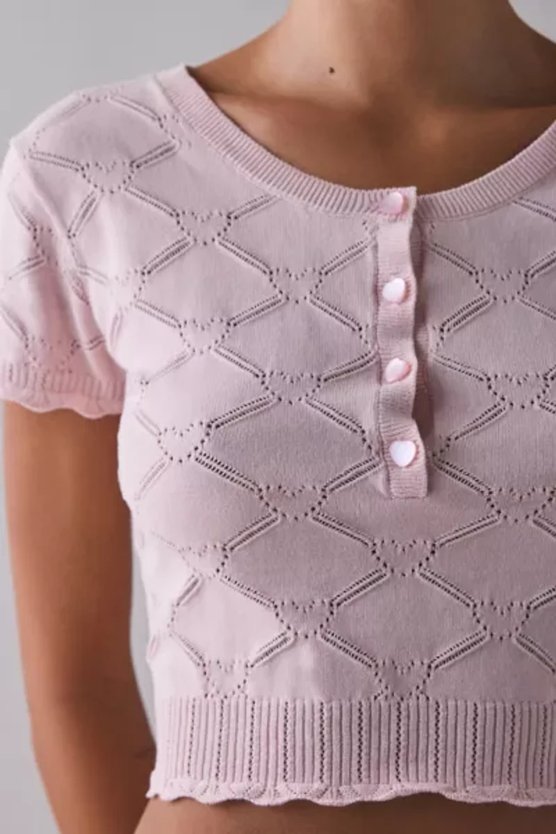 LoveShackFancy Lilifred Pointelle Knit Short Sleeve Henley Top