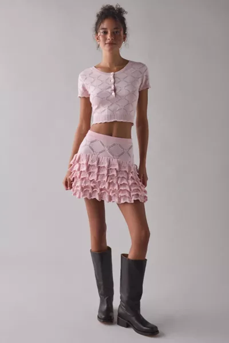 LoveShackFancy Lilifred Pointelle Knit Short Sleeve Henley Top