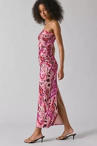 AFRM Marlo Berry Butterfly Ruched Mesh Strapless Maxi Dress