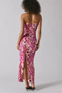 AFRM Marlo Berry Butterfly Ruched Mesh Strapless Maxi Dress