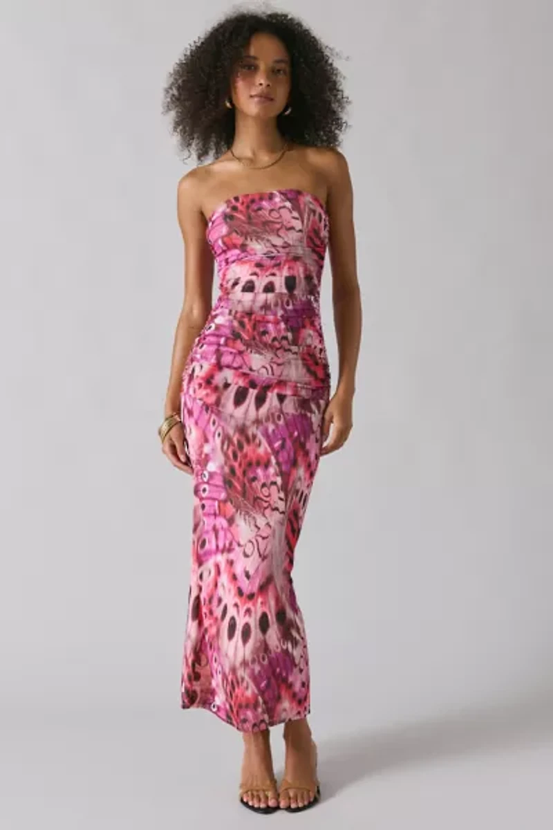 AFRM Marlo Berry Butterfly Ruched Mesh Strapless Maxi Dress