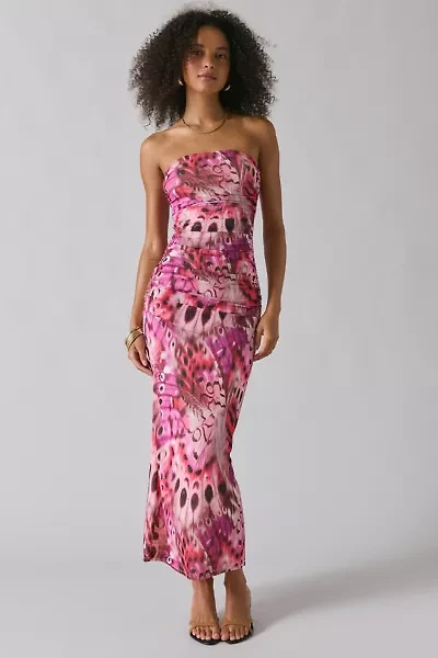 AFRM Marlo Berry Butterfly Ruched Mesh Strapless Maxi Dress
