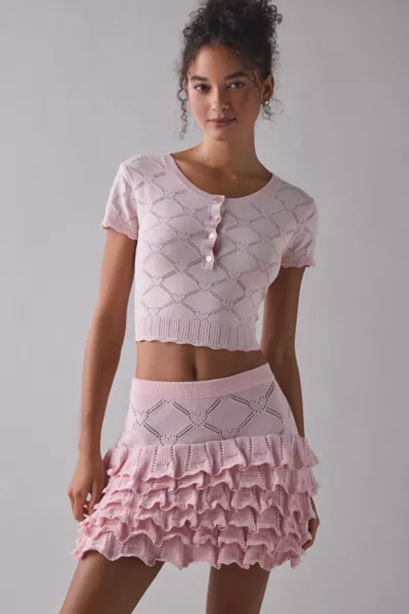 LoveShackFancy Kalliope Pointelle Knit Ruffle Mini Skirt