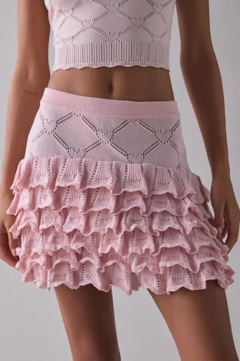 LoveShackFancy Kalliope Pointelle Knit Ruffle Mini Skirt