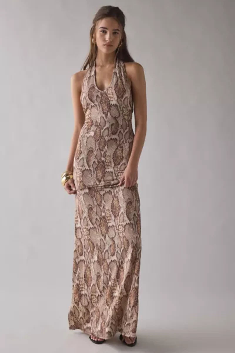 AFRM Rue Snake Printed Mesh Plunging Halter Maxi Dress