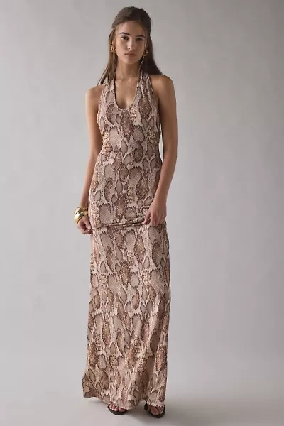 AFRM Rue Snake Printed Mesh Plunging Halter Maxi Dress