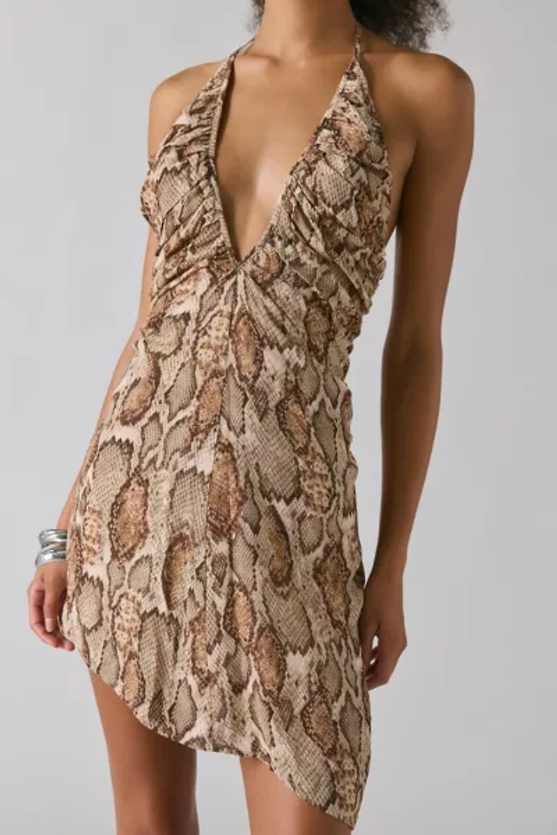 AFRM Sabrina Snake Print Mesh Plunging Halter Mini Dress