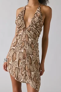 AFRM Sabrina Snake Print Mesh Plunging Halter Mini Dress