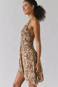 AFRM Sabrina Snake Print Mesh Plunging Halter Mini Dress