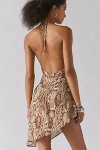 AFRM Sabrina Snake Print Mesh Plunging Halter Mini Dress