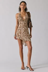 AFRM Sabrina Snake Print Mesh Plunging Halter Mini Dress