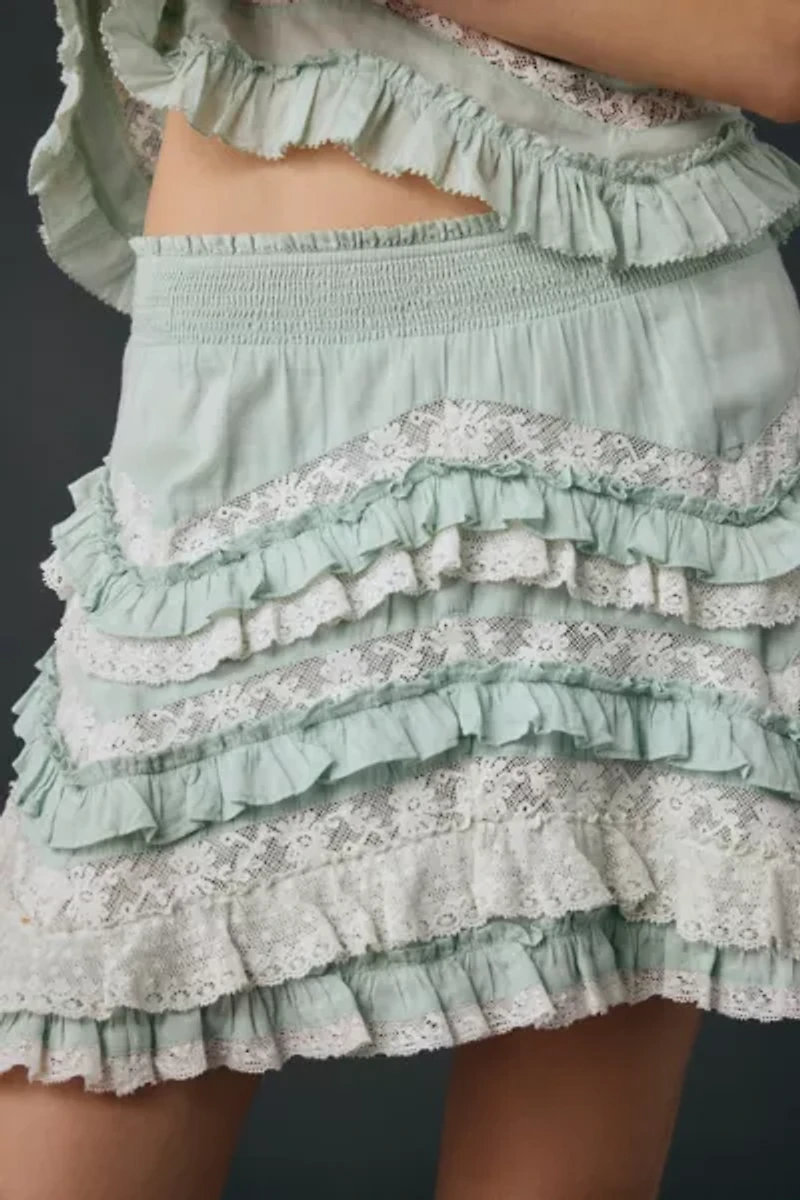 LoveShackFancy Serevina Lace Trim Cotton Ruffle Mini Skirt
