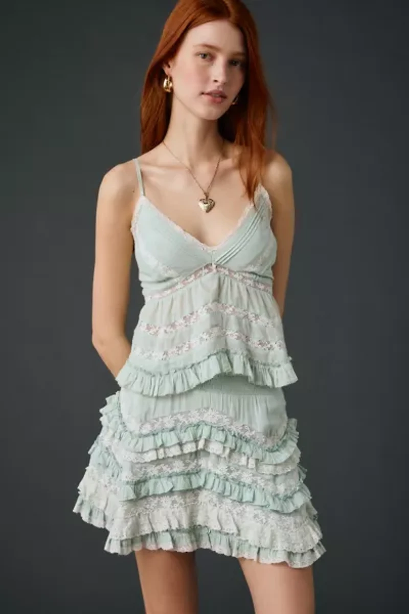 LoveShackFancy Serevina Lace Trim Cotton Ruffle Mini Skirt