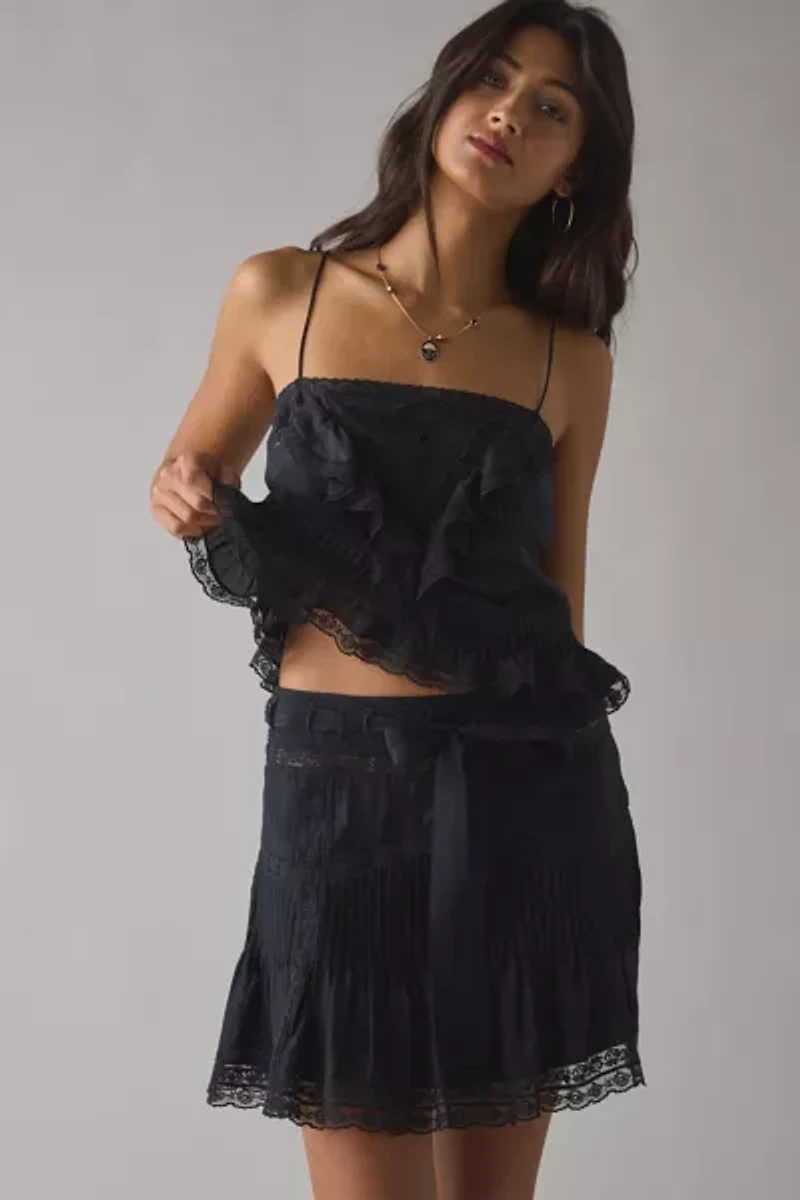 LoveShackFancy Willa Silk Lace Trim Ruffle Mini Skirt