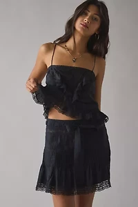 LoveShackFancy Willa Silk Lace Trim Ruffle Mini Skirt