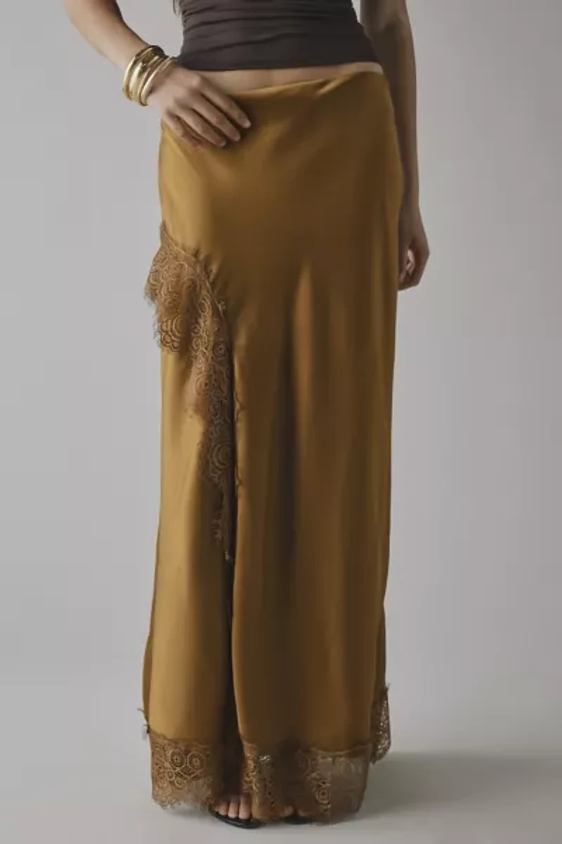 Kimchi Blue Saqi Asymmetrical Lace Trim Satin Maxi Skirt