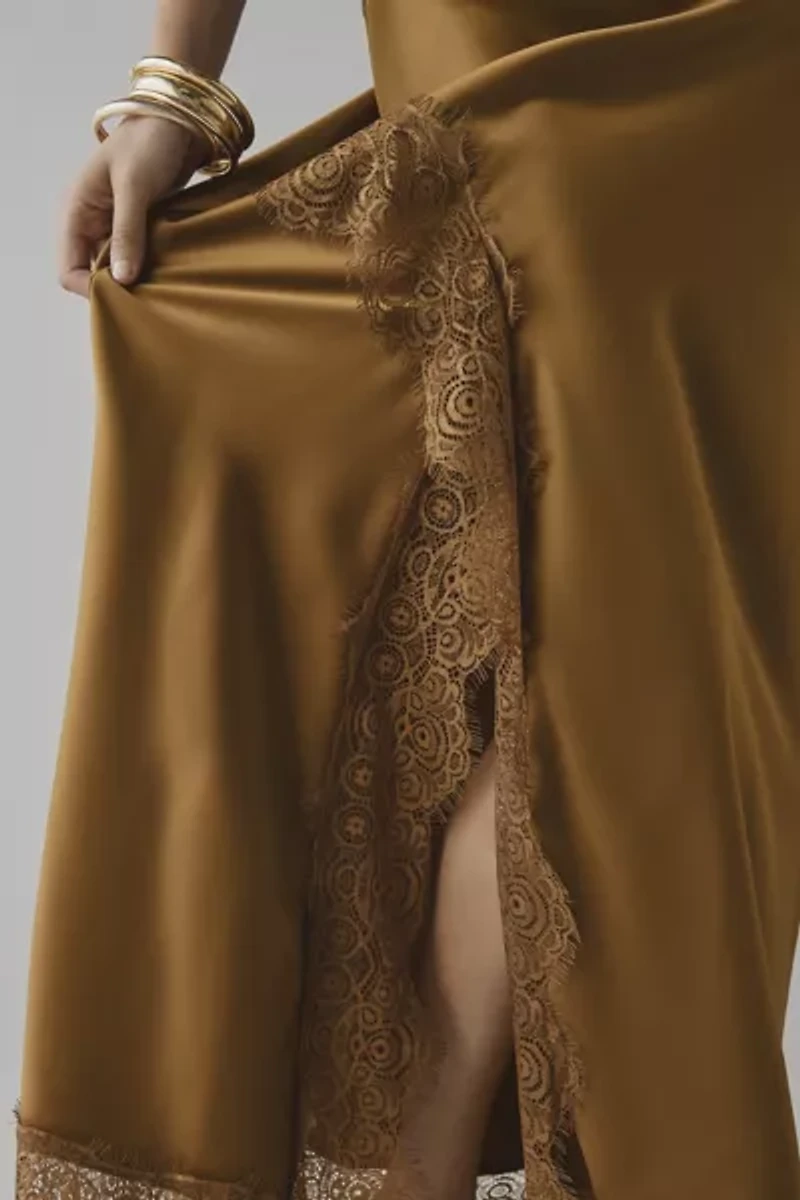 Kimchi Blue Saqi Asymmetrical Lace Trim Satin Maxi Skirt