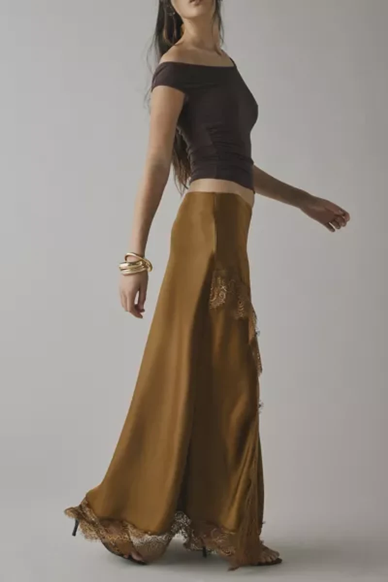 Kimchi Blue Saqi Asymmetrical Lace Trim Satin Maxi Skirt