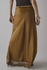 Kimchi Blue Saqi Asymmetrical Lace Trim Satin Maxi Skirt