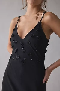 Sister Jane Forget Me Not Beaded Floral Appliqué Asymmetric Midi Dress
