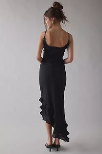 Sister Jane Forget Me Not Beaded Floral Appliqué Asymmetric Midi Dress