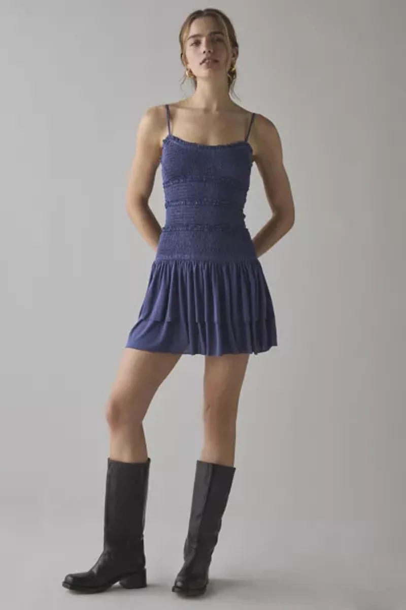 UO Heide Smocked Drop Waist Mini Dress