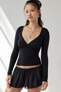 Out From Under Soft Touch Plunging Lace Trim Long Sleeve Top
