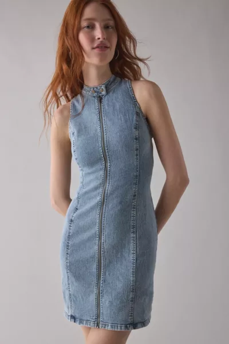 UO Ryder Zip-Front Seamed Denim Mini Dress
