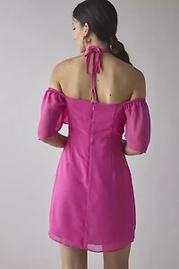 Glamorous Halter-Tie Off-The-Shoulder Flutter Sleeve Mini Dress