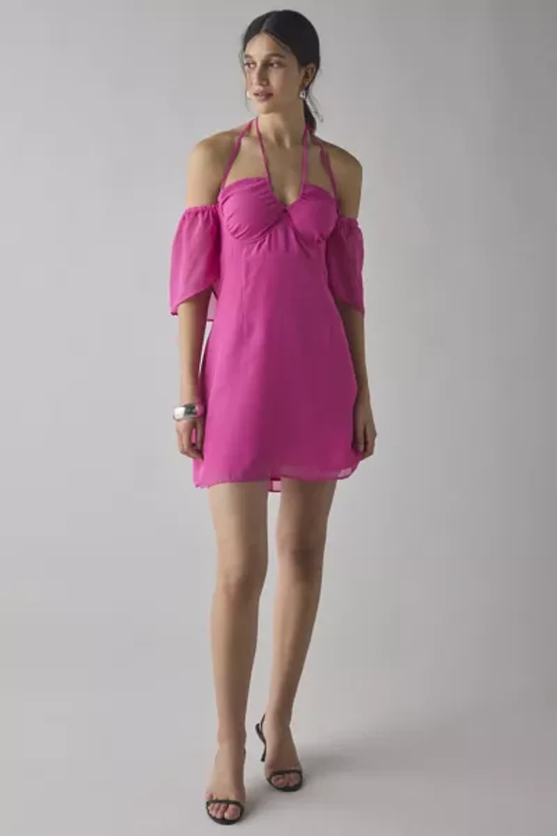 Glamorous Halter-Tie Off-The-Shoulder Flutter Sleeve Mini Dress