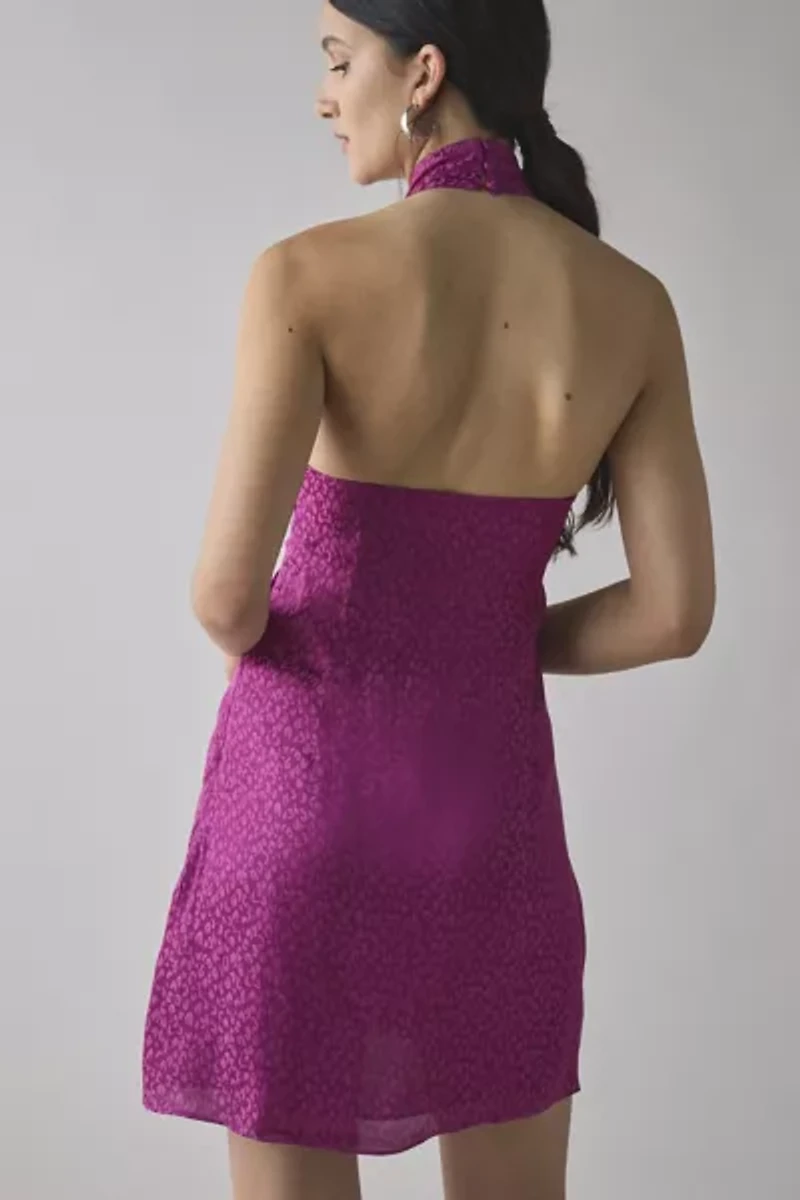 Glamorous Tonal Leopard Print Satin High-Neck Halter Mini Dress