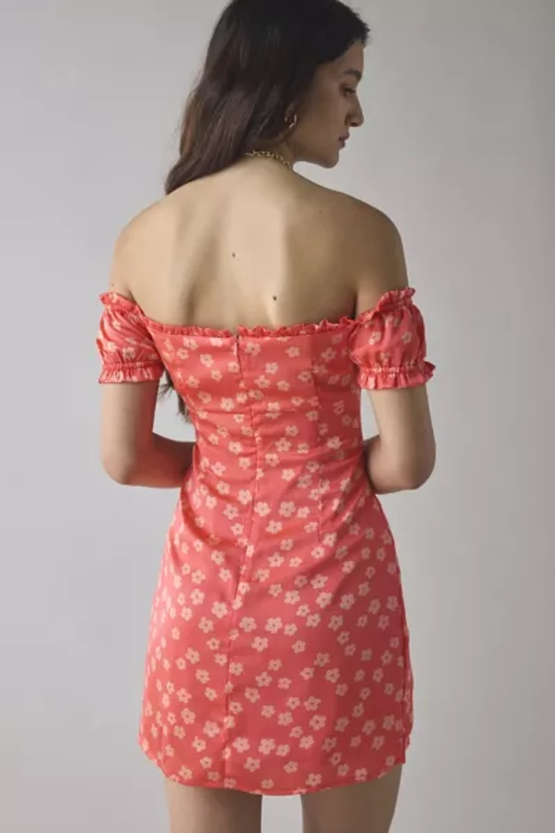 Glamorous Coral Daisy Milkmaid Off-The-Shoulder Mini Dress