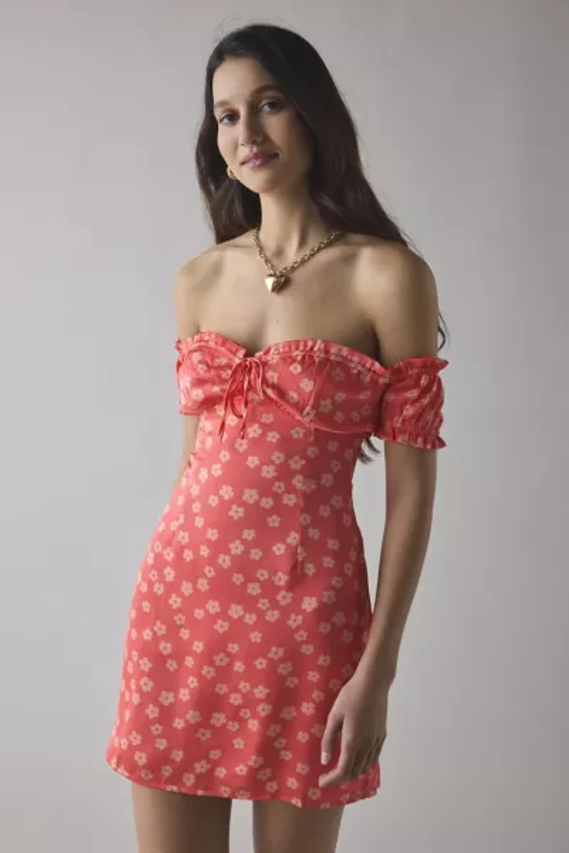Glamorous Coral Daisy Milkmaid Off-The-Shoulder Mini Dress