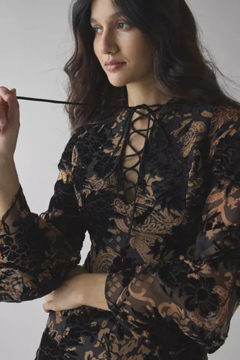 Glamorous Black Devore Lace-Up Bell Sleeve Mini Dress
