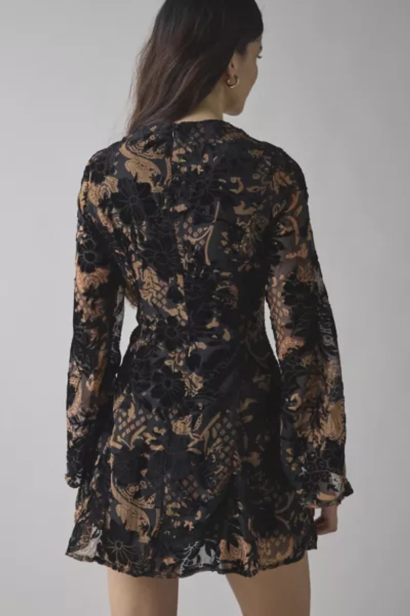 Glamorous Black Devore Lace-Up Bell Sleeve Mini Dress