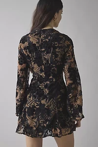 Glamorous Black Devore Lace-Up Bell Sleeve Mini Dress