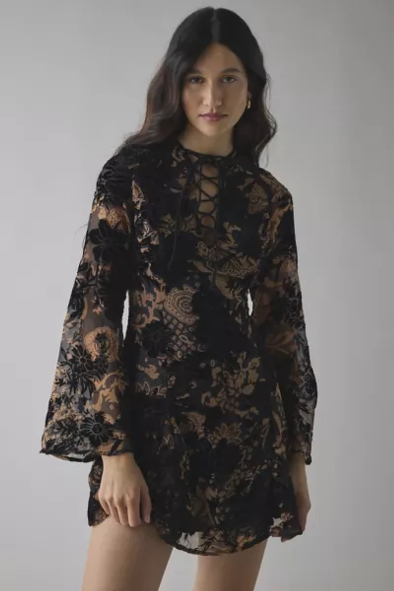 Glamorous Black Devore Lace-Up Bell Sleeve Mini Dress