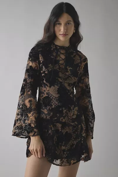 Glamorous Black Devore Lace-Up Bell Sleeve Mini Dress