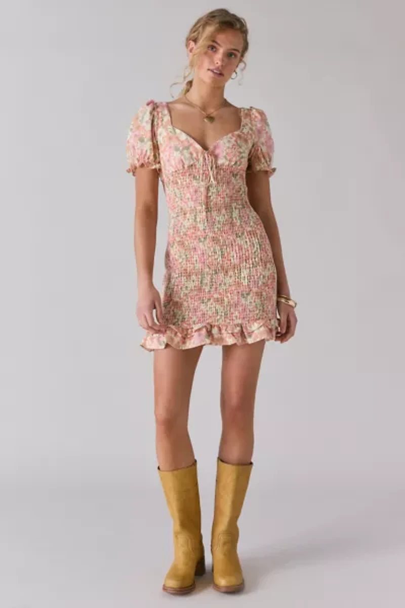Glamorous Cotton-Linen Blend Ruched Ruffle Hem Mini Dress