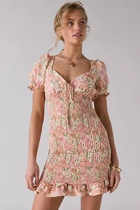 Glamorous Cotton-Linen Blend Ruched Ruffle Hem Mini Dress