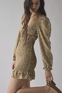 Glamorous Ochre Floral Long Sleeve Ruched Ruffle Hem Mini Dress
