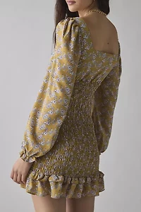 Glamorous Ochre Floral Long Sleeve Ruched Ruffle Hem Mini Dress